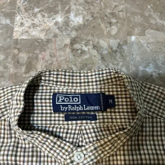 Polo Ralph Lauren Shirt Mens Medium Tan Check Band Collar Grandpa Vintage 90s - Picture 3 of 9